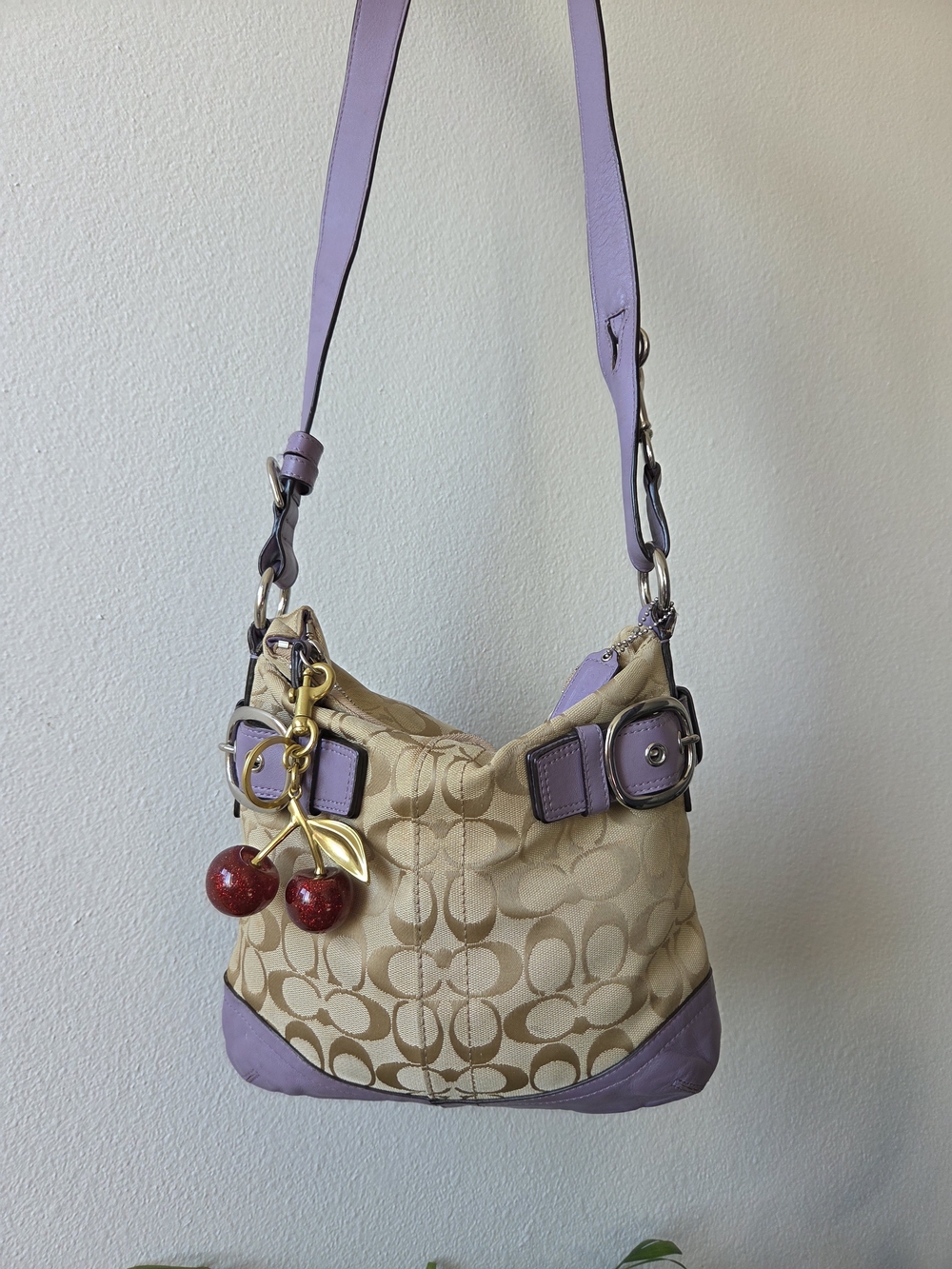Coach Lilac Trim Signature Canvas Hobo Bag with Cherry Charm